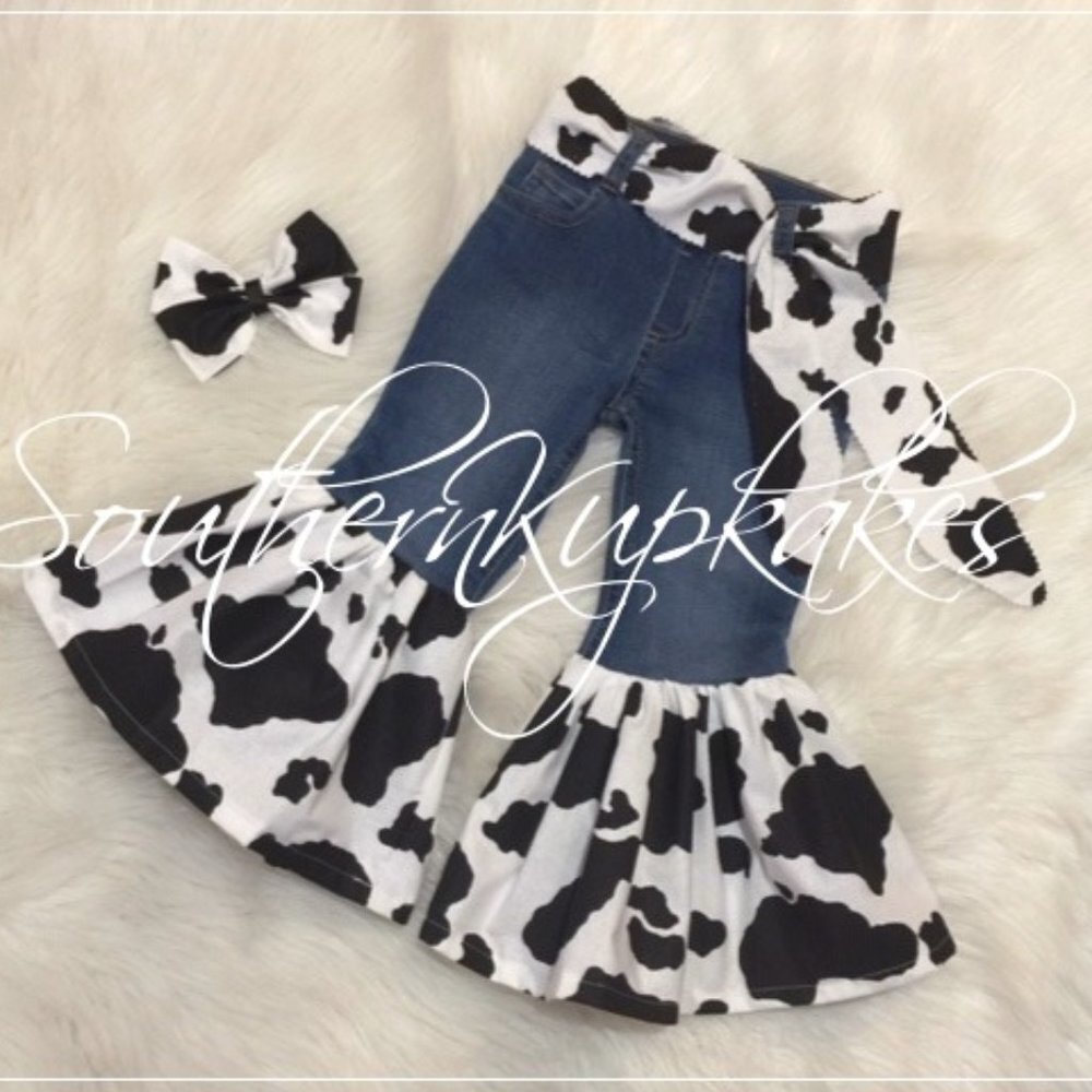 Girls Super Trendy Cow Print Flare Ruffle Jeans NEW